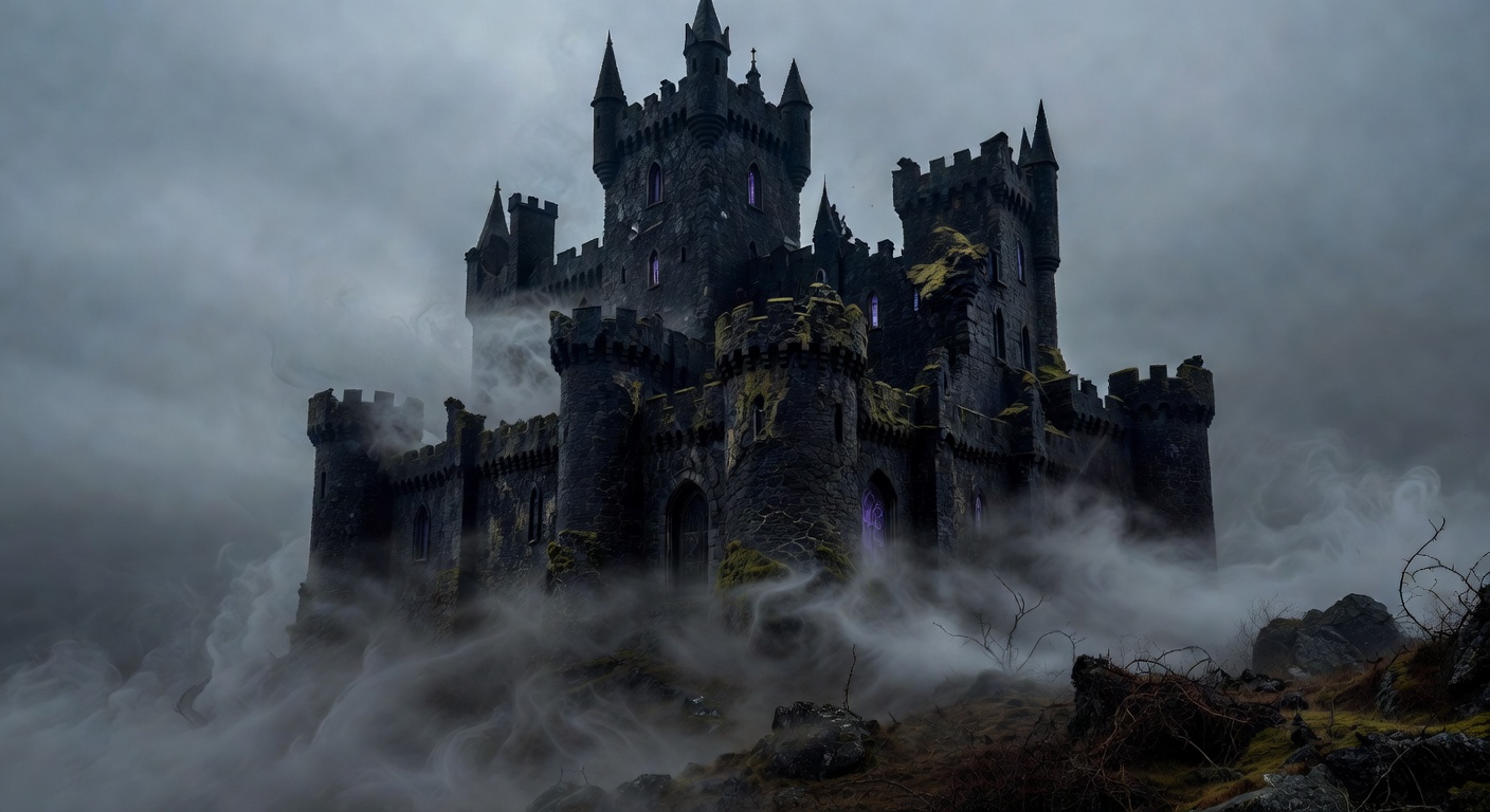 Dark magical medieval castle in the fog