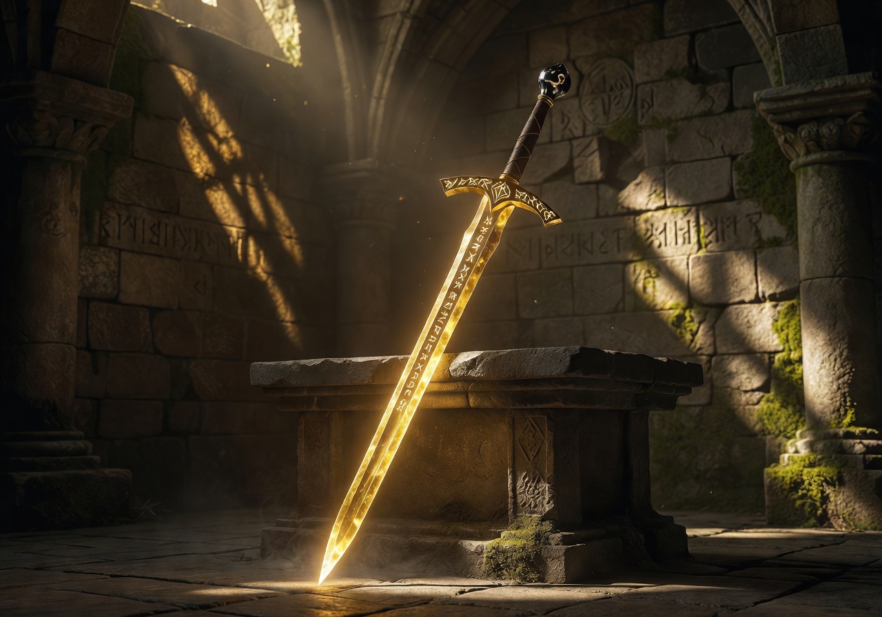 Golden medieval sword and armor